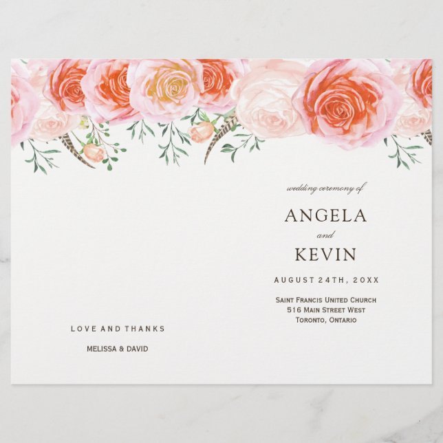 Corail romantique Roses Programmes de mariage (Devant)