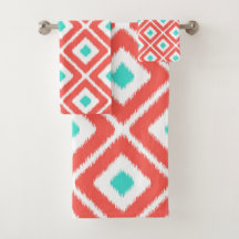 Corail, Turquoise, White Ikat Diamond Motif