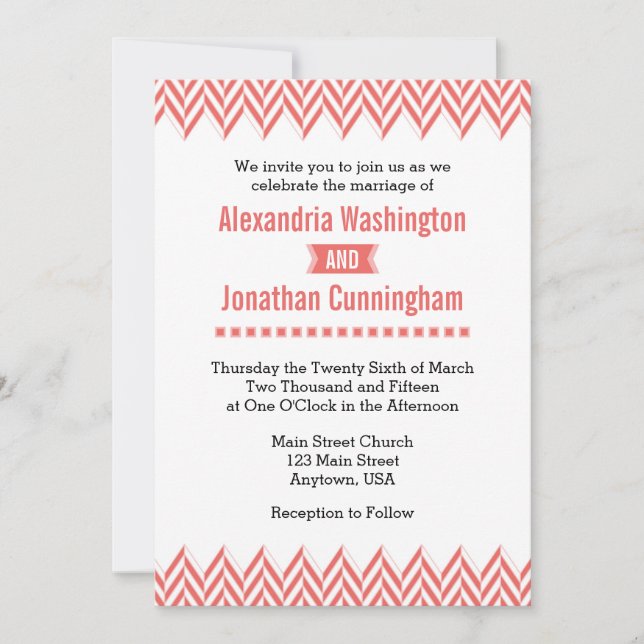 Corail White Herringbone Faire-part de mariage (Devant)
