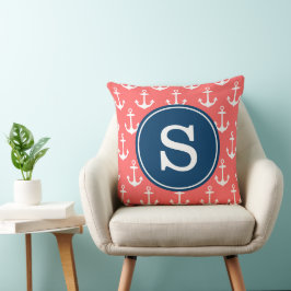 Coral Anchor Muster mit Navy Monogram Pillow Kissen