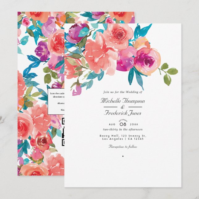 Coral and Fandango Floral Wedding Foto Einladung (Vorne/Hinten)
