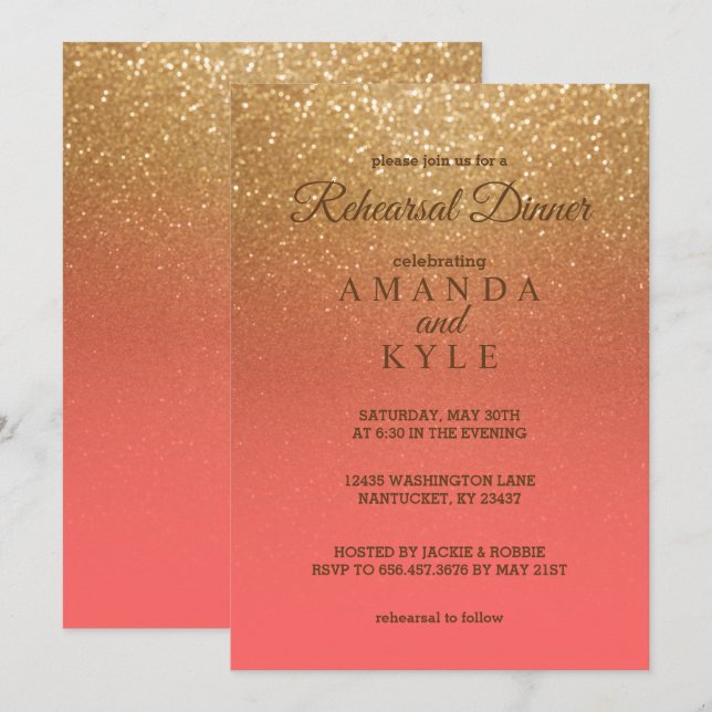Coral and Gold Glitzer - Probe Dinner Einladung (Vorne/Hinten)
