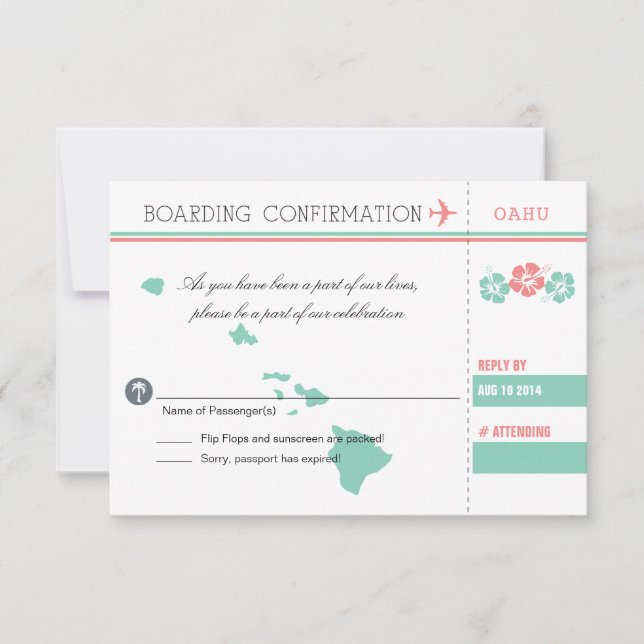 Coral and Mint OAHU Wedding RSVP Boarding Pass Karte (Vorderseite)