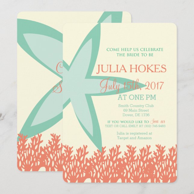 Coral and Mint Starfish Bridal Dusche Einladung (Vorne/Hinten)