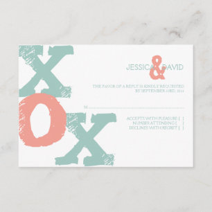 Coral and Mint XOX Wedding RSVP Karte