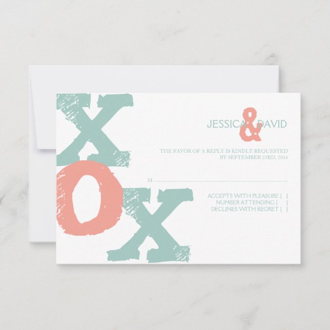 Coral and Mint XOX Wedding RSVP Karte (Vorderseite)