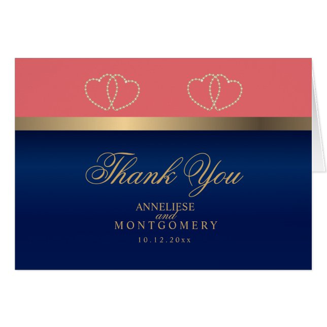 Coral and Navy Blue Gold Hearts - Vielen Dank (Vorderseite (Horizontal))