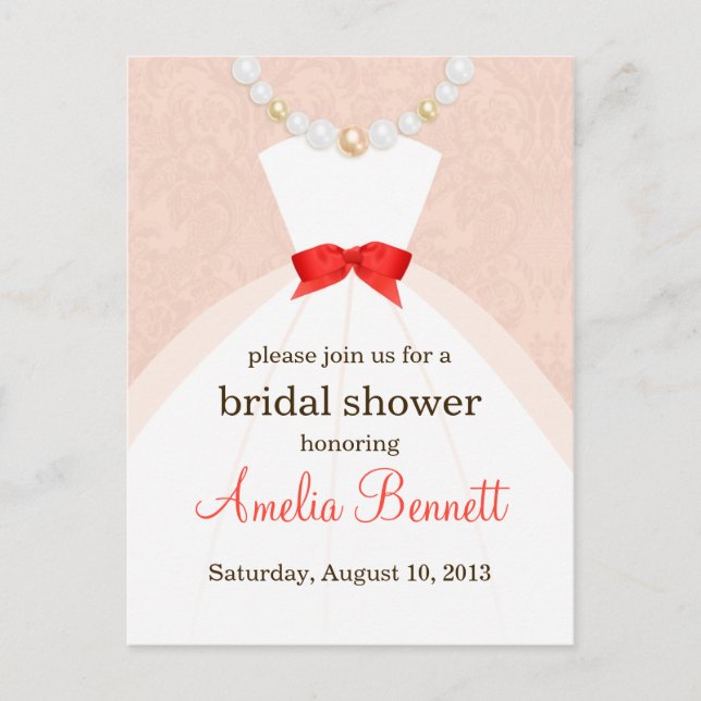 Coral and Taupe Damask Bridal Dusche Einladung (Vorderseite)