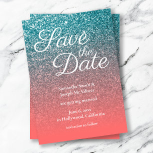 Coral and Teal Ombre Glitter Save the Date Einladung