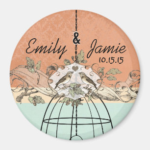 Coral & Aqua Bird Cage Wedding Scroll Magnet