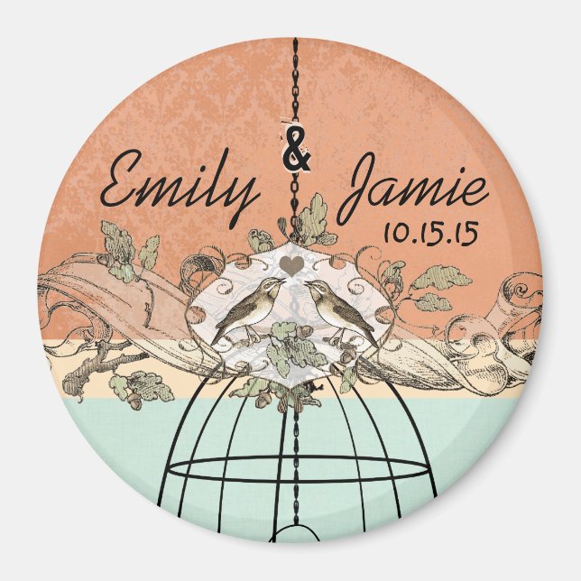 Coral & Aqua Bird Cage Wedding Scroll Magnet (Vorne)