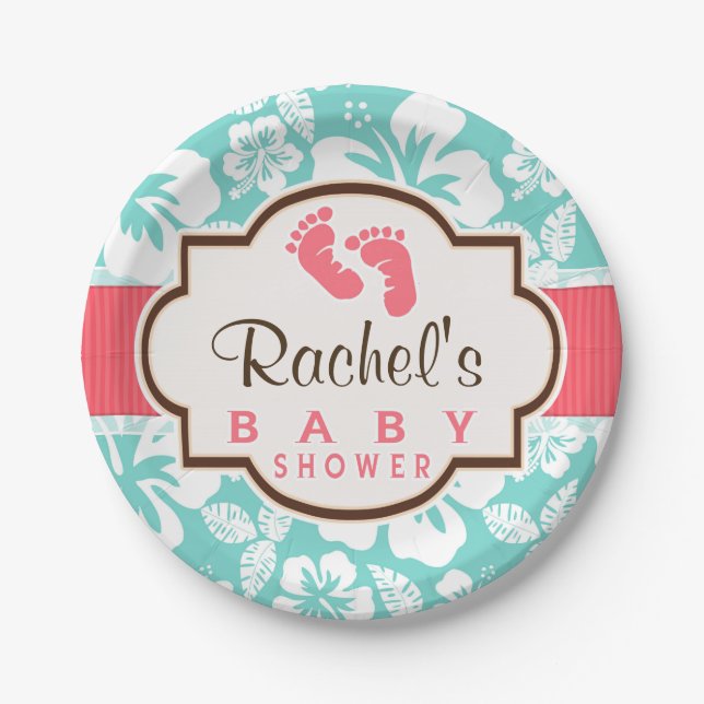 Coral, Aqua Tropical Baby Dusche Pappteller (Vorderseite)