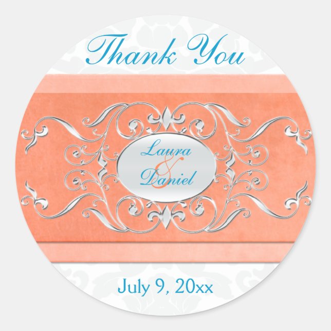 Coral, Aqua und Gray 1,5" Runde Danke Sticker (Vorderseite)