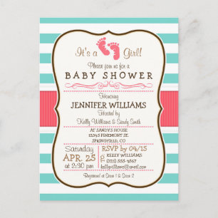 Coral, Aqua & White Stripes Babydusche Einladungspostkarte