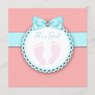 Coral Aquamarin Blue Pink Footprint Baby Dusche Einladung