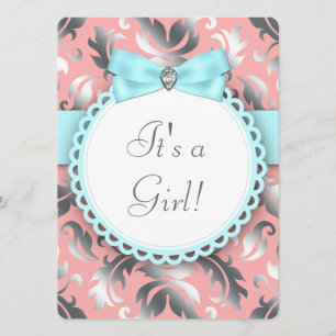 Coral Aquamarin Blue und Gray Baby Girl Dusche Einladung