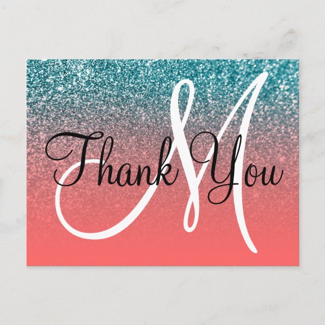 Coral Aquamarin Ombre Glitzer Monogram Vielen Dank Postkarte (Vorderseite)