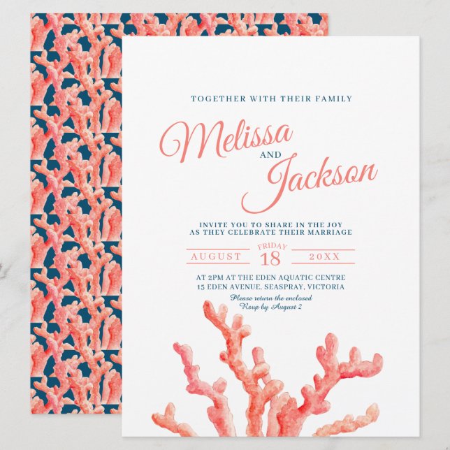 Coral Aquarell Art Malerei Marine blaue Hochzeit Einladung (Vorne/Hinten)