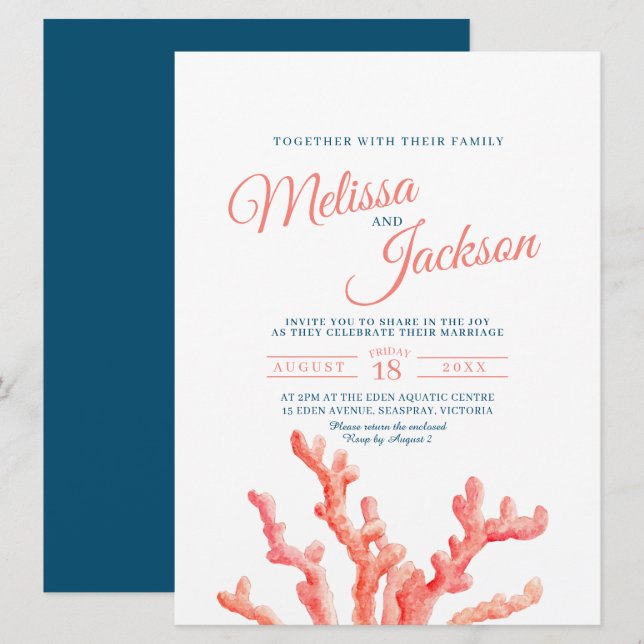 Coral Aquarell Art Malerei Marine blaue Hochzeit i Einladung (Vorne/Hinten)