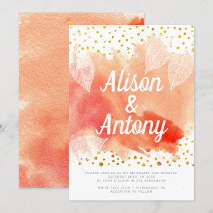 Coral Aquarell, Gold Konfetti Typografie Hochzeit Einladung