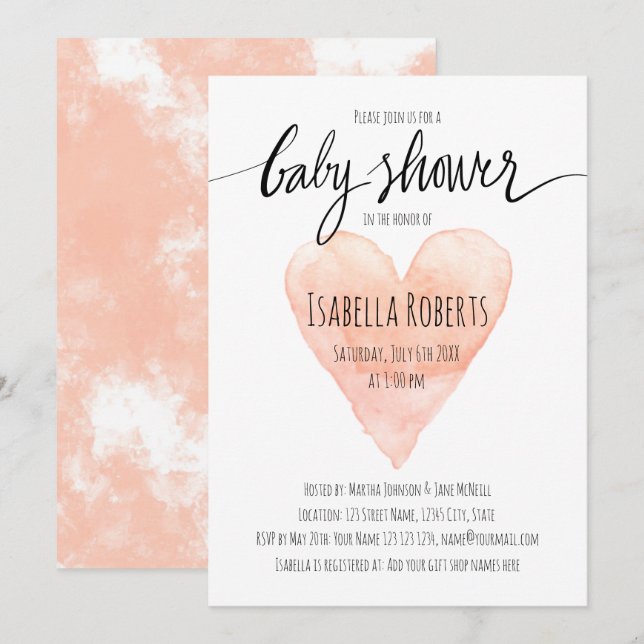 Coral Aquarell Typografie Babydusche Einladung (Vorne/Hinten)