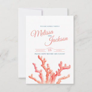 Coral Aquarellkunst Orangenblauer Ozean Hochzeit RSVP Karte