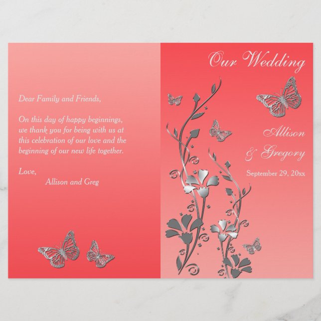 Coral Argent Papillon Floral Wedding Programme 2 (Devant)