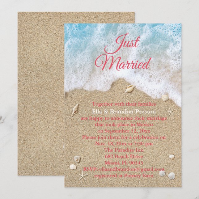 Coral Beach Waves Just Married Post Wedding Einladung (Vorne/Hinten)