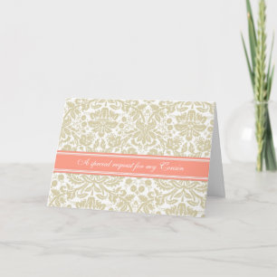 Coral Beige Damask Cousin Bridesmaid Einladung