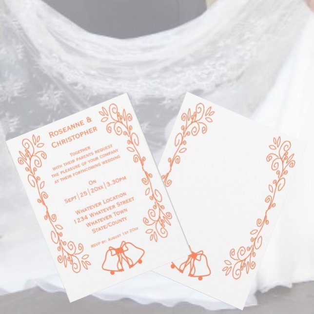 Coral Bells Scrollwork Design Wedding Einladung (Coral wedding invitation bells and scrollwork design)