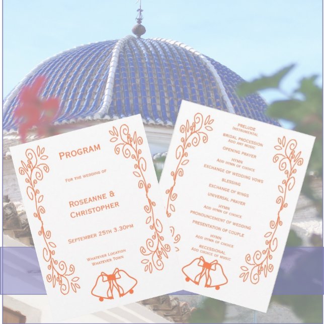 Coral Bells Scrollwork Design Wedding Programm (Coral wedding church program bells scrollwork design)