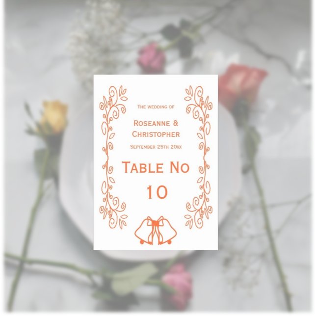 Coral Bells Scrollwork Design Wedding Tischnummer (Coral wedding table number bells and scrollwork design)