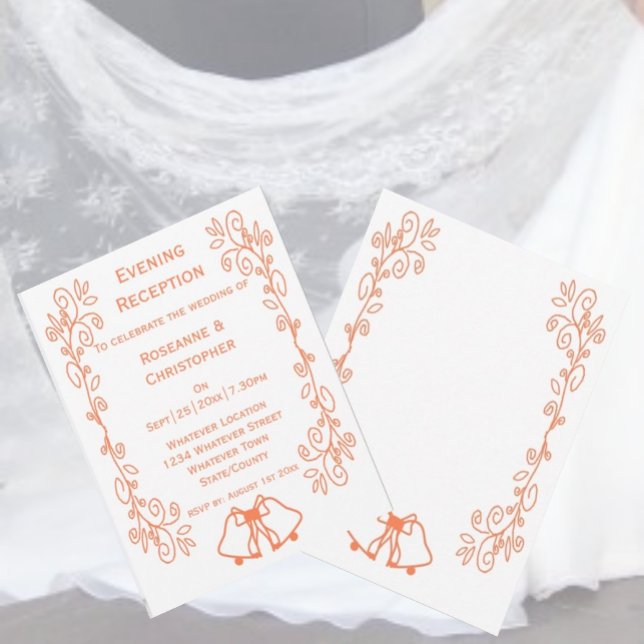 Coral Bells Scrollwork Hochzeitsempfang Einladung (Coral wedding reception invitation bells and scrollwork design)