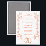 Coral Bells Scrollwork Wedding Save the Date Magnet<br><div class="desc">Hochzeit speichern Sie das Design der Datums-Magneten Glocken. Passen Sie diese korallenfarbene Hochzeit speichern Sie das Datum Magnet mit Ihren Hochzeitsdetails. Wenn Sie Hilfe bei der Anpassung benötigen,  kontaktieren Sie uns über den Link auf dieser Seite. Korallenfarbene Glocken Design personalisierte Hochzeit speichern das Datum Magnet</div>