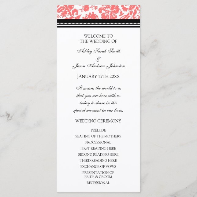 Coral Black Damask Hochzeitsprogramm Programm (Vorderseite)