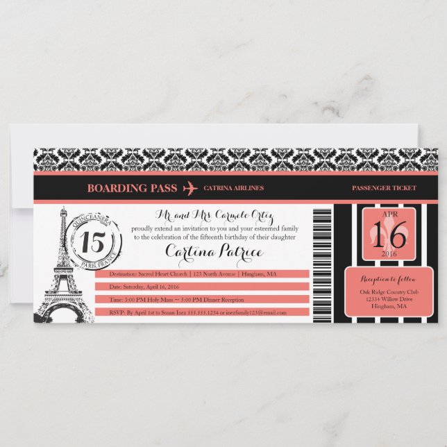 Coral Black Damask Quinceanera Paris Boarding Pass Einladung (Vorderseite)