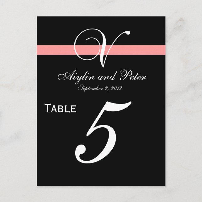Coral Black Initial V Wedding Tischnummer Cards (Vorderseite)
