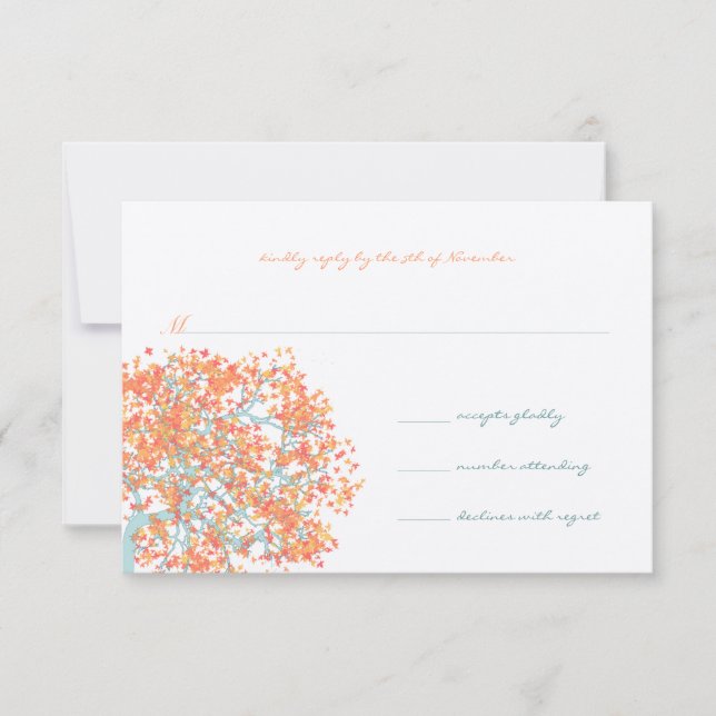 Coral Blätter Aqua Blue Tree Wedding RSVP Karte (Vorderseite)