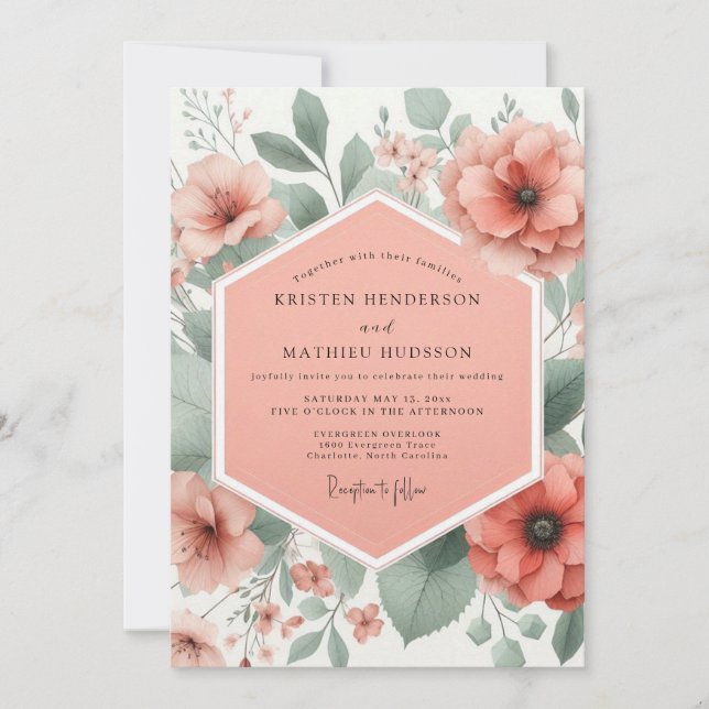 Coral Bloom Whimsical Wedding Einladung (Vorderseite)