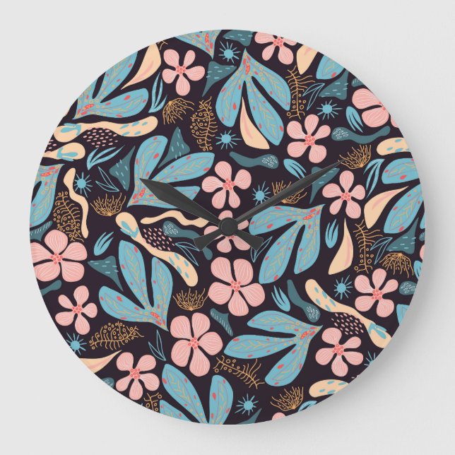 Coral Blue Floral Dark Print Große Wanduhr (Vorderseite)