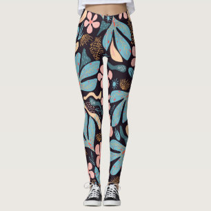 Coral Blue Floral Dark Print Leggings