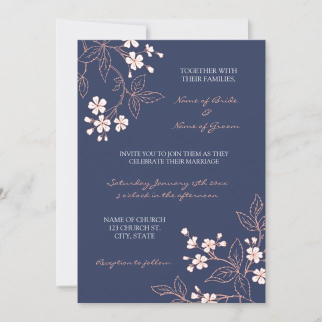 Coral Blue Floral Foto Hochzeitskarten Einladung (Vorderseite)