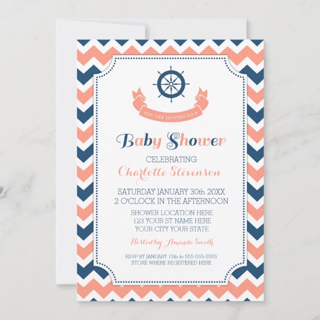 Coral Blue Nautical Custom Baby Shower Einladungen (Rückseite)