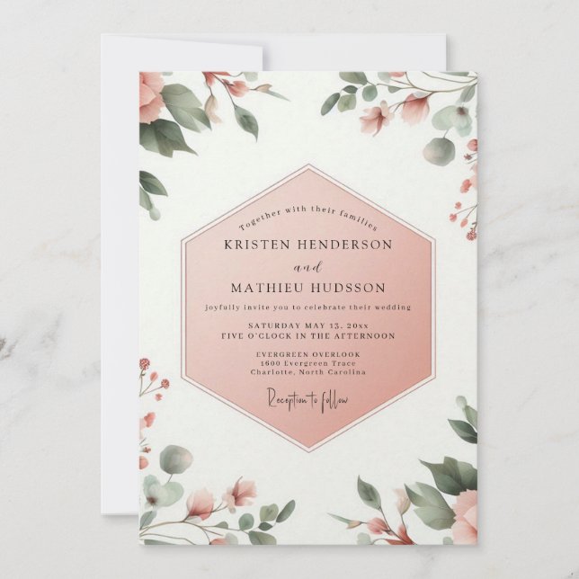 Coral Blush Botanical Whimsy Wedding Einladung (Vorderseite)