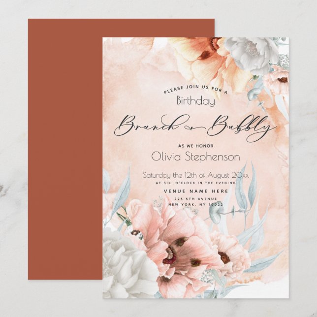 Coral Blush Brunch Bubbly Birthday Einladung (Vorne/Hinten)