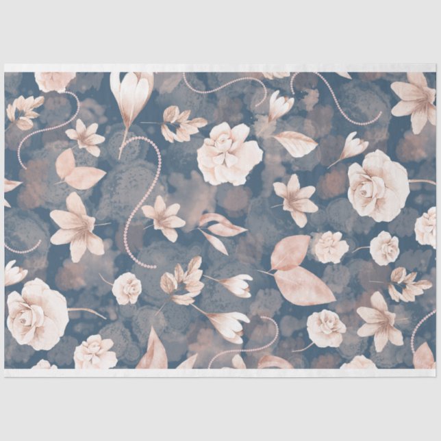 Coral Blush Pink Blumenmuster Blau Seidenpapier (Vorderseite)