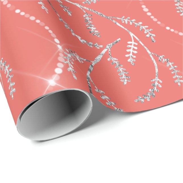 Coral Candy Spark Laurel Floral Silver Diamonds Geschenkpapier (Rolleneckpunkt)