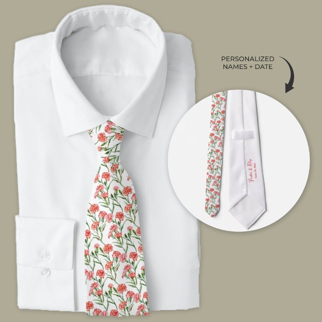 Coral Carnation Neck Tie Krawatte (Classic pink carnation pattern on white personalized wedding necktie.)