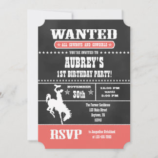 Coral Chalkboard Cowboy Einladung zum Geburtstag