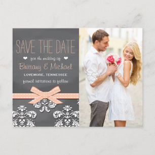 Coral Chalkboard Lace Bow Save the Date Postkarte